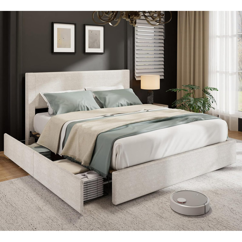 Bed Frame, Full/Queen/King Platform Bed w/ 4 Storage Drawers, Upholstered Corduroy Channel Tufted Headboard Bed Frame w/ Strong Wooden Slat Support