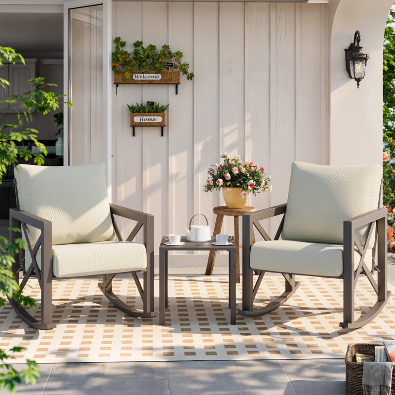 2-Person Outdoor Rocking Chair Set with Table and Cushions, Gray Frame / Beige Cushion