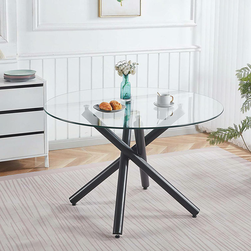 Round Dining Table with metal leg and tempered glass,Modern Space Saving Kitchen Table for Living Room, Black