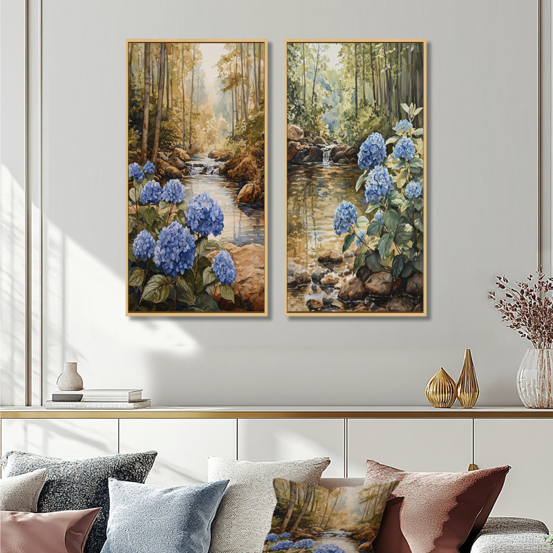 Hortensias par la rivière Forest III - Art mural floral, collection 2 panneaux, H 32 po x l 33 po, Crème