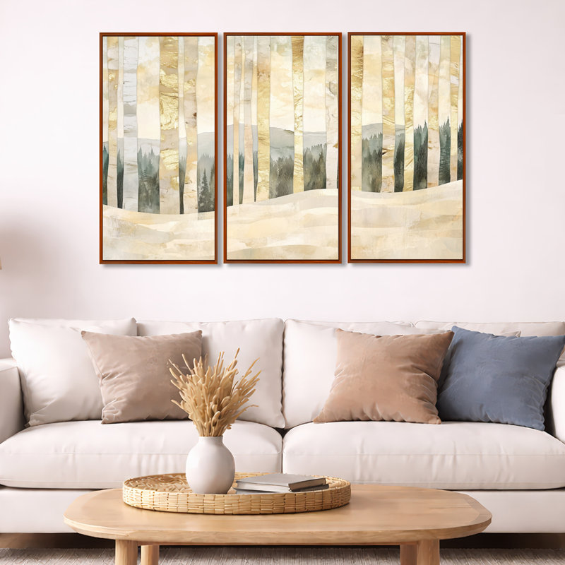 "Forest Forest Wall Art", ensemble botanique sur toile encadrée 3 pièces, H 32 po x l 48 po, Cadre flottant brun