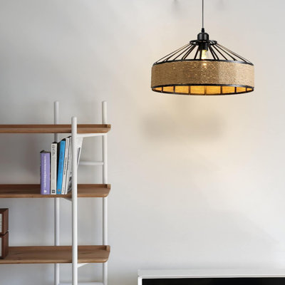 Hemp Rope Ceiling Pendant Lighting Industrial 30cm wooven Wire cage Metal Lampshade E26 Lamp Holder 100cm Adjustable Hanging Light Fitting for Living Room, Restaurant, Bar, Café