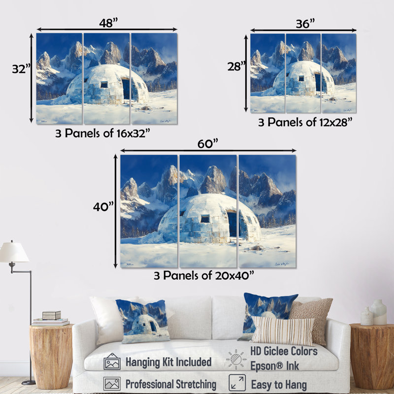 Igloo dans des tons bleus et blancs - ensemble de décorations de paysage d'hiver, Toile tendue, H 40 po x l 60 po x P 1 po