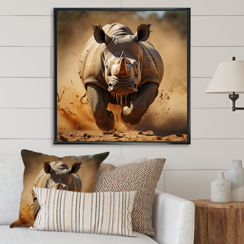 Rhinocéros africain qui court sur toile, H 36 po x l 36 po, Cadre flottant noir