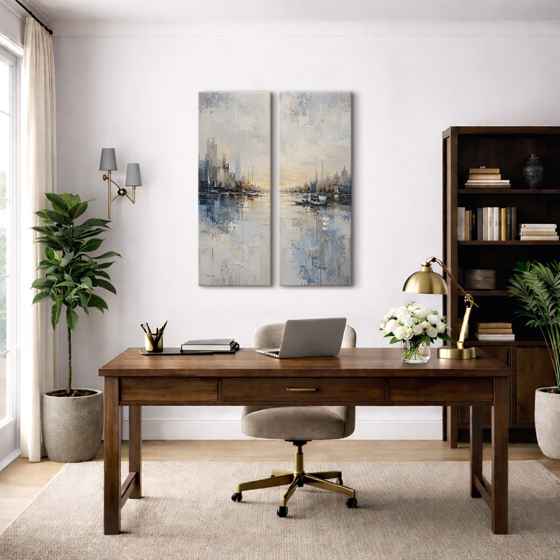 Paysage urbain bleu-gris avec voilier dans le port – Ensemble de 2 impressions d'art encadrées sur toile 32 po x 12 po x 2 po