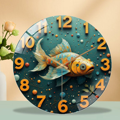 Colorful Artistic Fish Wall Clock Decorative Home Art - 12'' Modern Glass Wall Clock