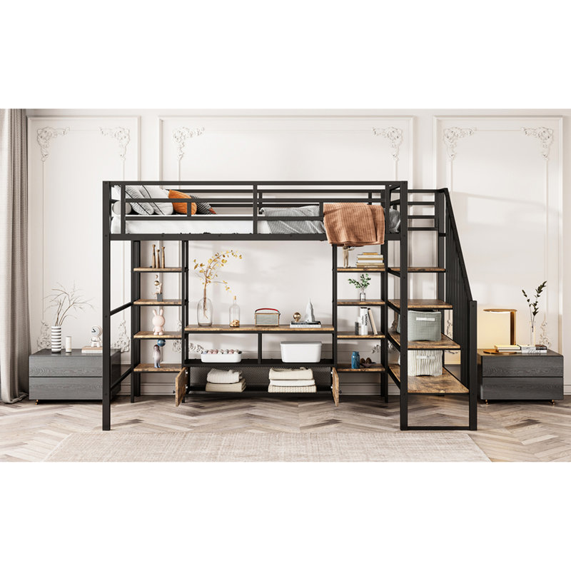 Lit mezzanine en métal avec escalier, rangement bas et table, noir - tablettes polyvalentes robustes et pratiques