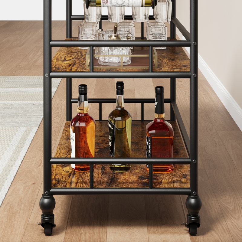 Bar Cart, 3 Tier Bar Cart With Wheels, With Wine Rack And Glasses Holder, Rustic Brown
