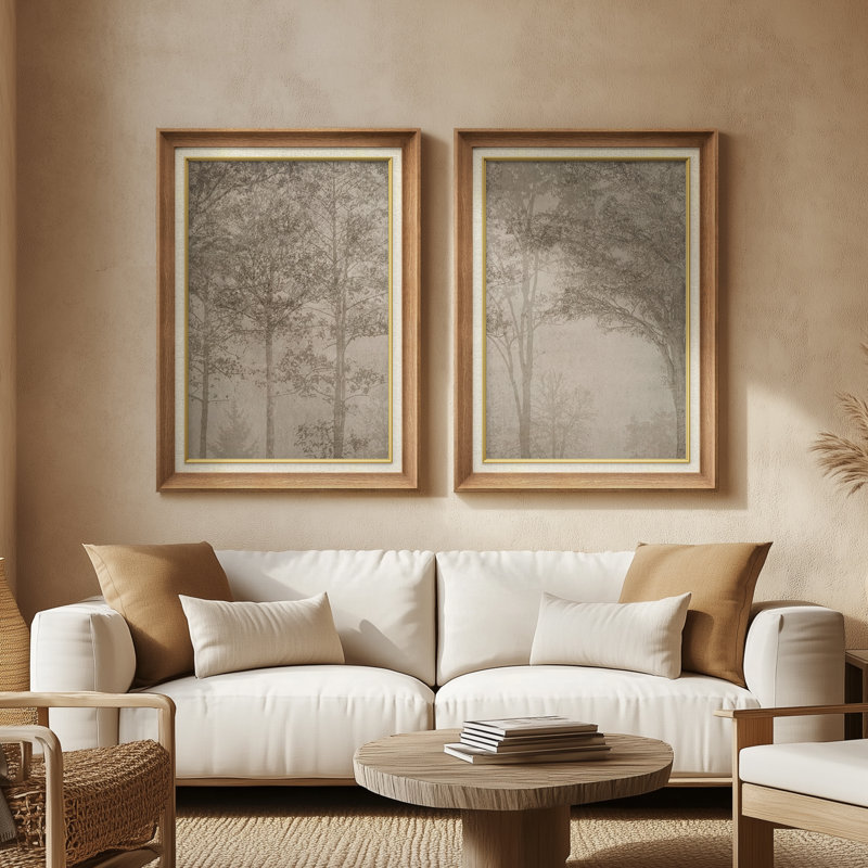 Forêt sépia silhouette minimaliste rustique - ensemble de 2 reproductions d'art encadrées de qualité supérieure sur papier 26 po x 36 po