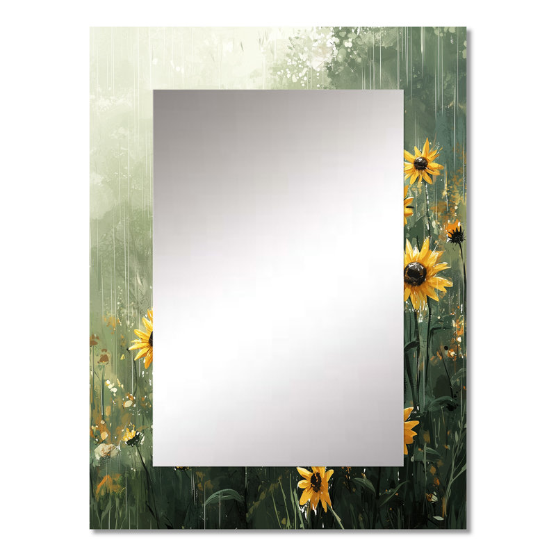 Rétro jour de pluie, tournesols II - grand miroir mural tournesols, 32 po x 24 po