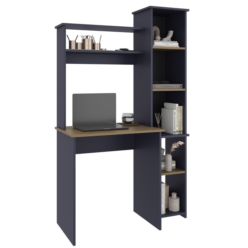 Versalles Writing Desk, Modern Studio Or Office Desk, Two Superior Shelves, And Five Side Open Shleves For Books Organization