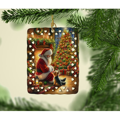 Ornement en porcelaine Yorkshire Terrier Yorkie and Santa Claus