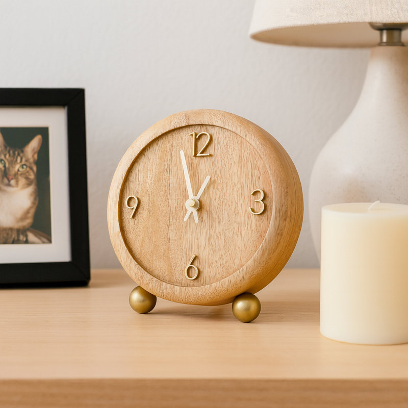 Horloge décorative ronde en bois avec pieds en fer pour décoration intérieure - Horloge de table pour manteau de cheminée, vestibule ou bureau - 7 po, brun clair et brun