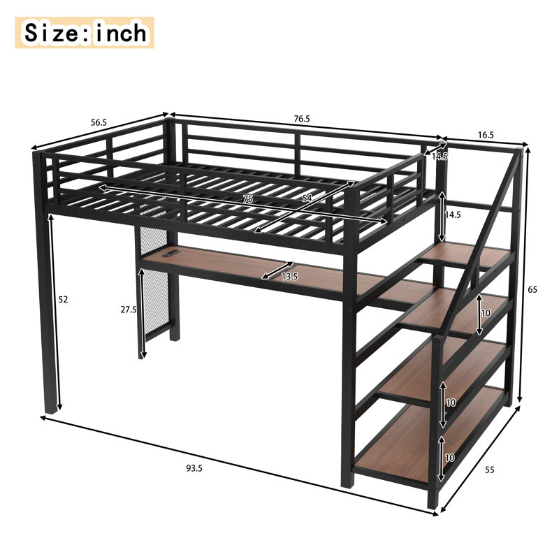 Full Loft Bed with Desk & Storage Stairs, Metal Frame, LED Lights, USB Ports, Noise-Free, Space-Saving, Black, Full