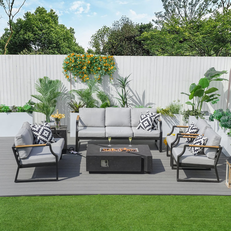 Flinda Metal 7 - Person Outdoor Seating Group With Fire Pit And Cushions