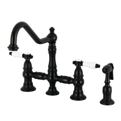 Kingston Brass Bel-Air Two-Handle 4-Hole Deck Mount Bridge Kitchen Faucet With Brass Side Sprayer
