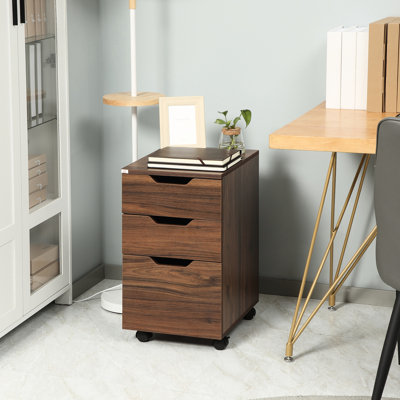 Armoire de bureau à grain de bois brun, 3 tiroirs, roulettes pour une utilisation polyvalente