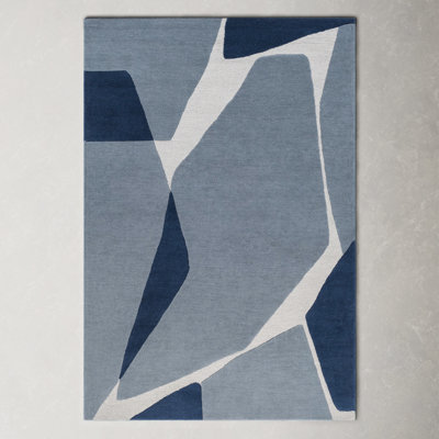 Light Blue Navy Hand-Tufted Abstract Wool Rug