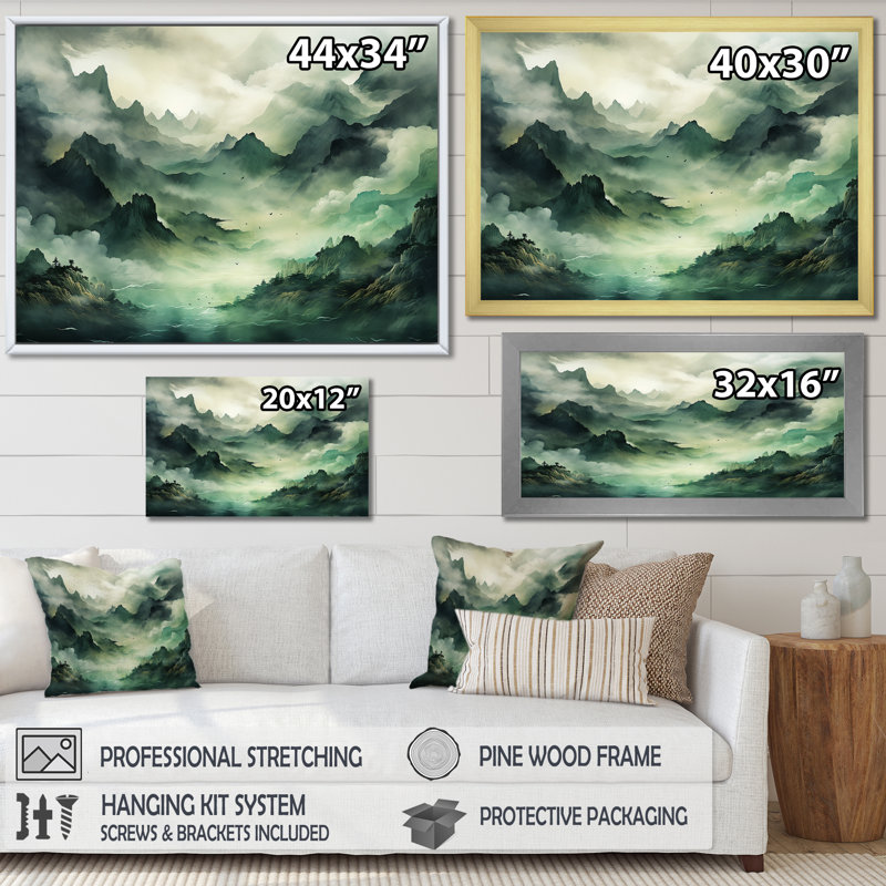 «Mountains Green Percolated Peaks I», reproduction d'art sur montagnes, Cadre simple argenté, H 16 po x l 32 po x P 1 po