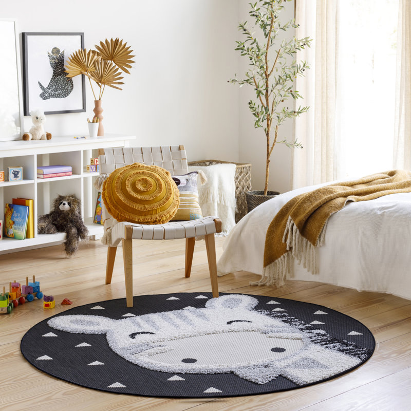 Tapis intérieur / extérieur rond en polypropylène tissé à la machine gris / crème Aabir, Rond 5 pi 3 po