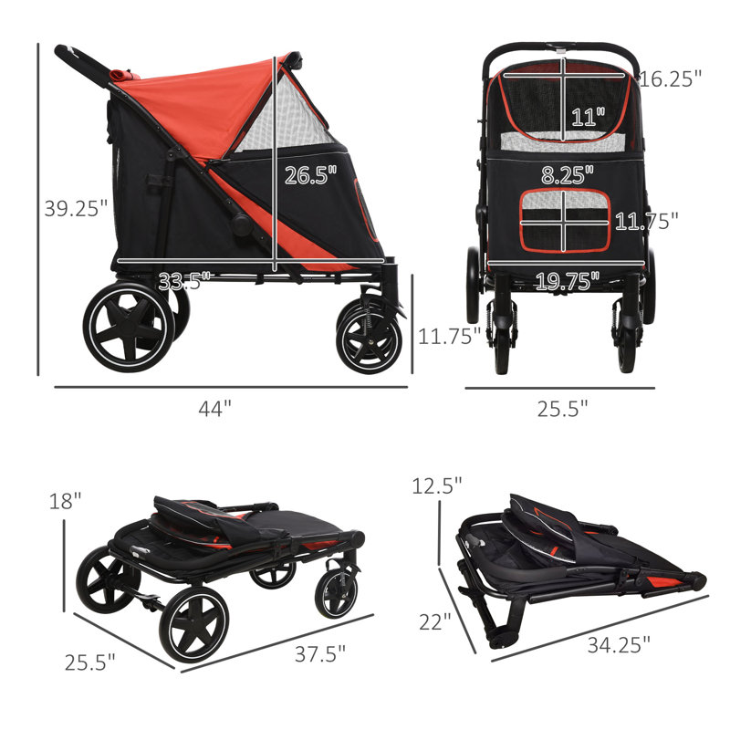 PawHut Red and Black Foldable Dog Stroller with Storage