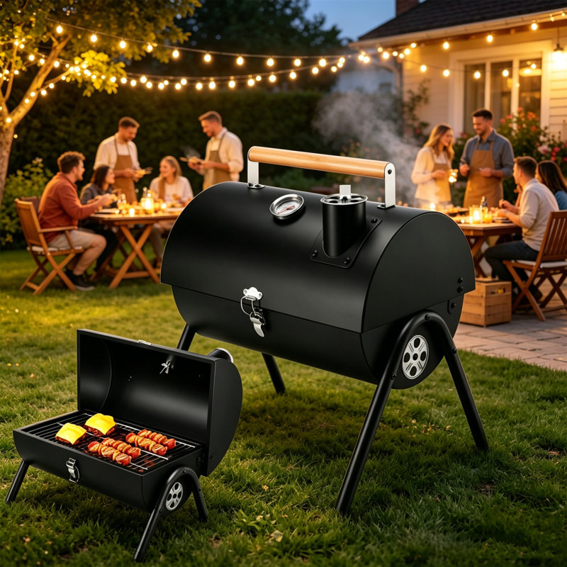 Barbecue portatif au charbon de bois avec thermomètre intégré et évents réglables, acier très épais et robuste, fumoir de table pour les voyages de camping dans la cour, support pour 1 à 3 personnes