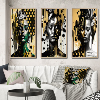 Gold Transcending Female Portrait III - Woman Abstract Wall Art Set of 3