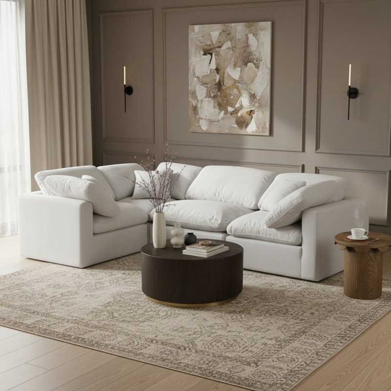 Itala Upholstered L-Shaped Sectional Reversible, White Linen Textured Fabric