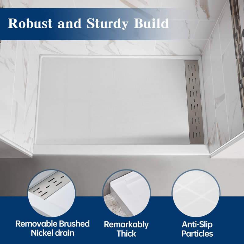 60" X 32" White Shower Base, Non-Slip Design, Right
