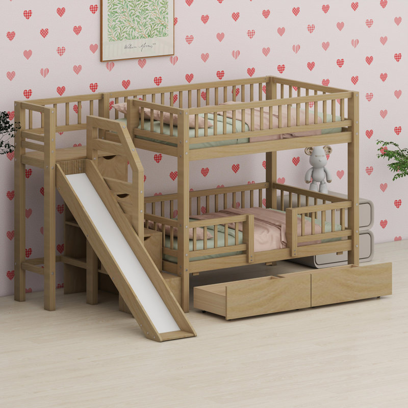 Lit superposé pour enfants avec rangement d'escalier intégré, glissade ludique et tiroirs