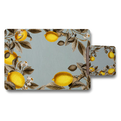 Designer Lemon Motif Placemat And Coaster Set With Wood Bottom And High End Print Technology Limited Edition