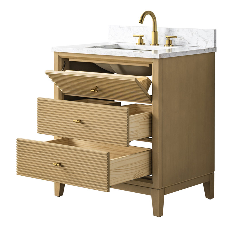 Meuble-lavabo simple 30 po avec plateau en marbre d'ingénierie, Chêne naturel, Doré brossé, Arabescato blanc