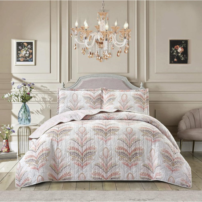 Printed Bedspread Set Floral Pattern with Matching Pillow Shams, Soft Microfiber Coverlet, Lightweight & All-Season Bedding