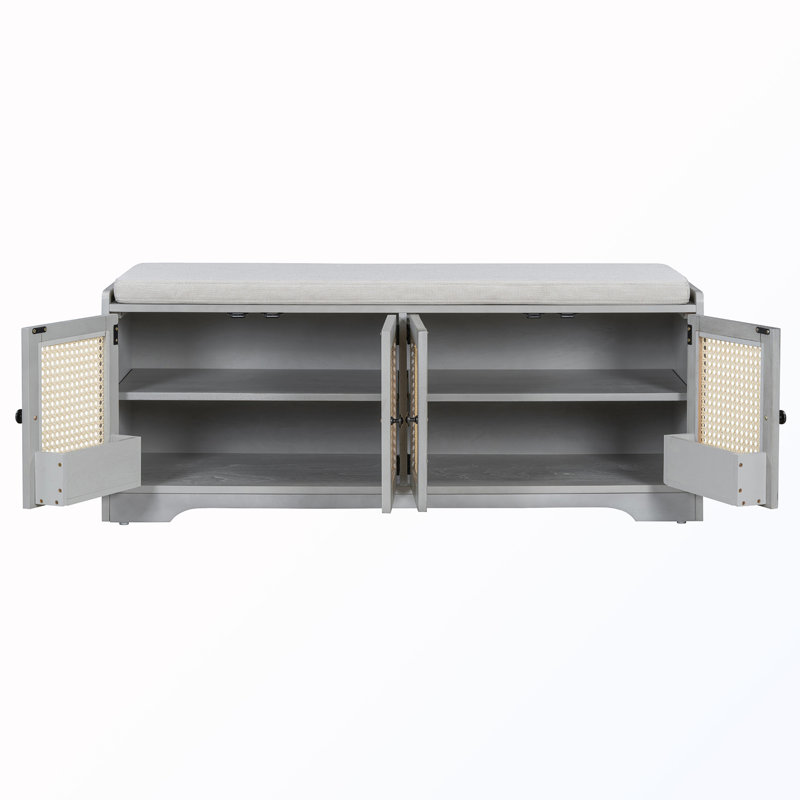Rattan Shoe Bench with Removable Cushion & Adjustable Shelves, Gray Wash