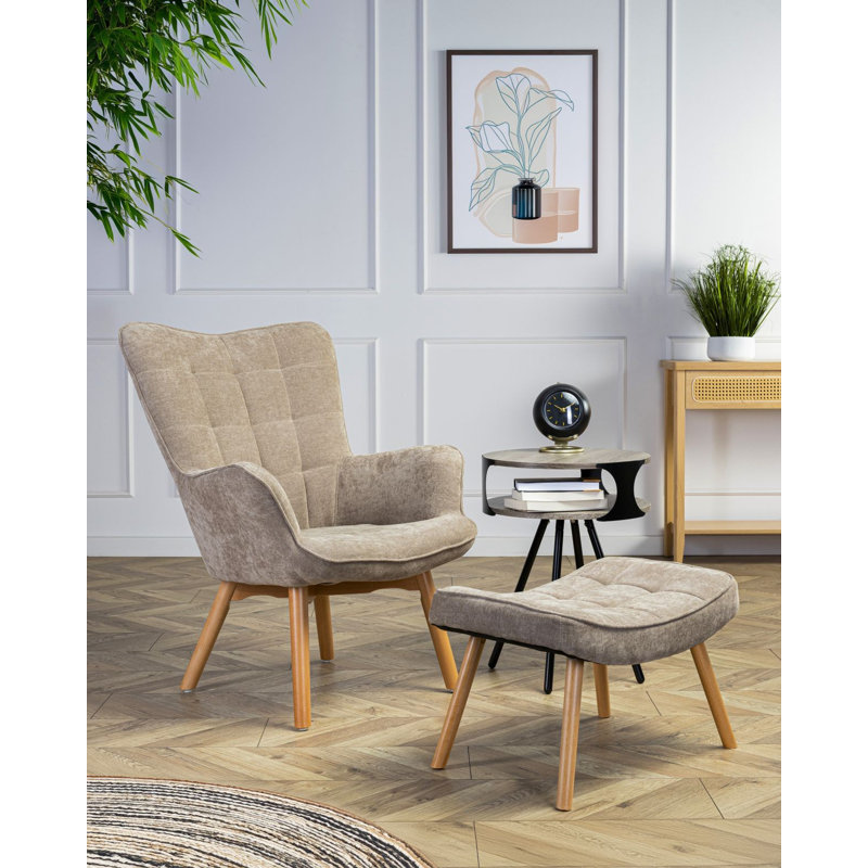 Nekoma Upholstered Accent Chair with Footstool, Dark beige