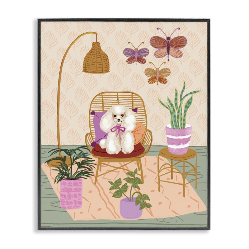 «Pup in Whimsical Living Space», estampe numérique par Be Ni La, Giclée encadrée noir minuit, H 30 po x l 24 po