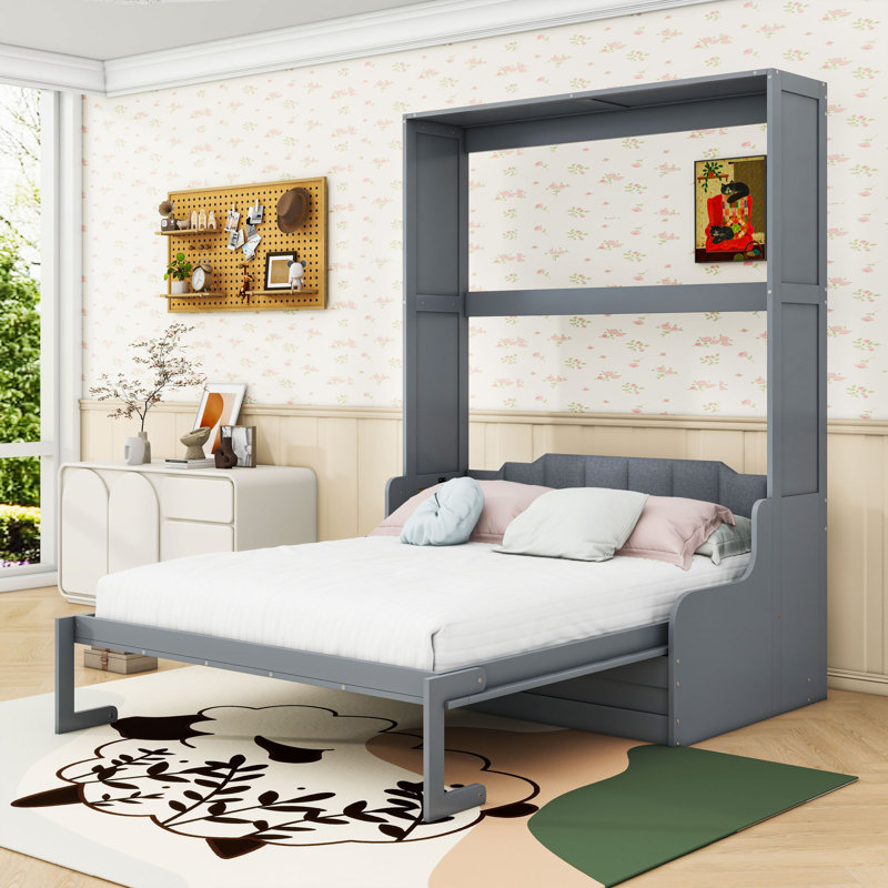 Grand lit escamotable en bois avec canapé et lattes intégrés, Gris