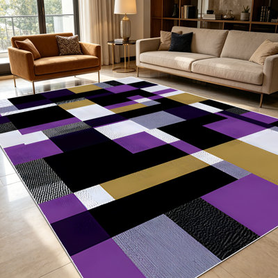 1PC Geometric Abstract Purple Black Gold Grey Patchwork area rugs for Living Room, Soft and Comfortable, Suitable for all seasons, easy-to-maintain, machine washable, suitable for dining room, bedroom, entryway, patio, Home Decor, Outdoor Decor.