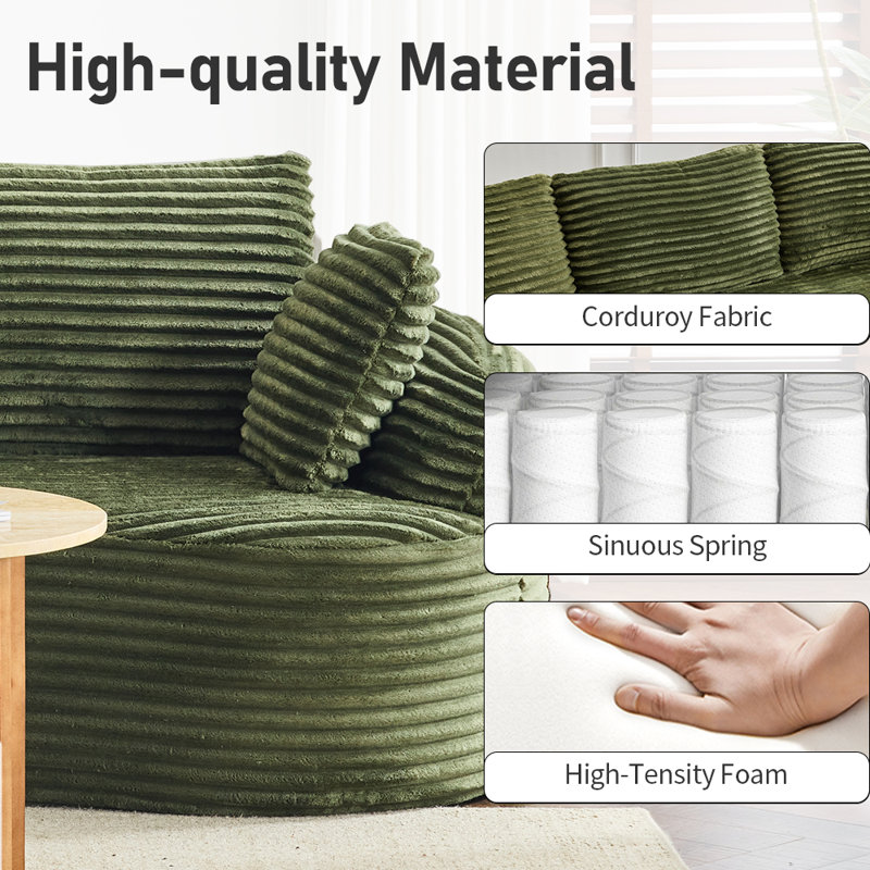 Boneless 100'' W 3-Seat Round Arm Corduroy Curved Boneless Couch, Green