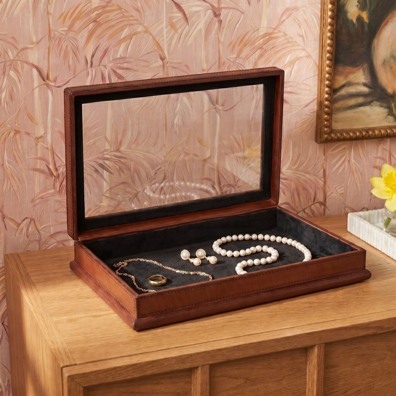 Boîte décorative faite à la main en cuir et bois avec couvercle en verre