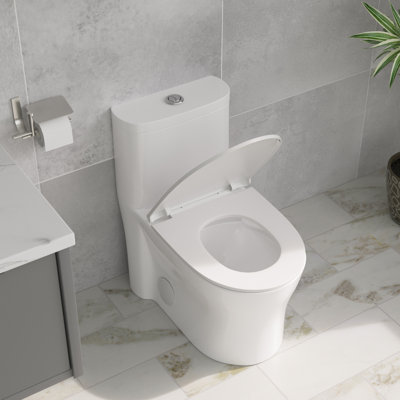 Toilette allongée une pièce 18 po à hauteur de confort standard et double chasse avec surface vitrée (siège à fermeture en douceur inclus)