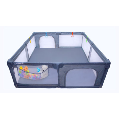 Parc pour bébé extra large (200 x 180 cm) avec barrières de sécurité à fermeture éclair, en filet doux et respirant, idéal pour l'intérieur et l'extérieur. Gris foncé.