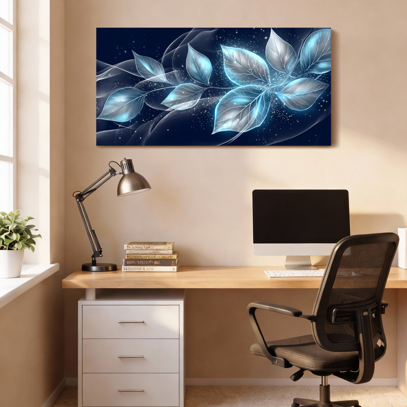 «Blue Leaf», art abstrait sur toile tendue sur toile, ensemble de 1, H 12 po x l 36 po
