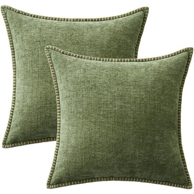 Sage Green Chenille Throw Pillow Covers, Set of 2 Soft Solid Decorative Cushion Cases with Stitched Edge Design for Farmhouse Sofa, Bed & Living Room Décor