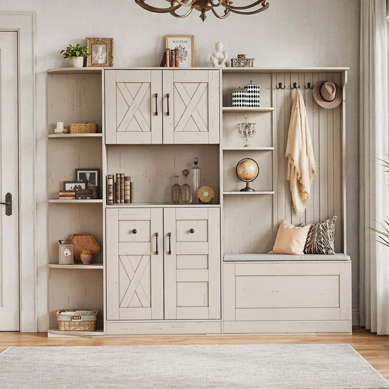 Armoire de vestibule multifonctionnelle de gauche à droite avec rangement et 4 crochets, armoire de rangement / arbre d'entrée 2 en 1 pour le salon, la cuisine et le couloir, beige antique