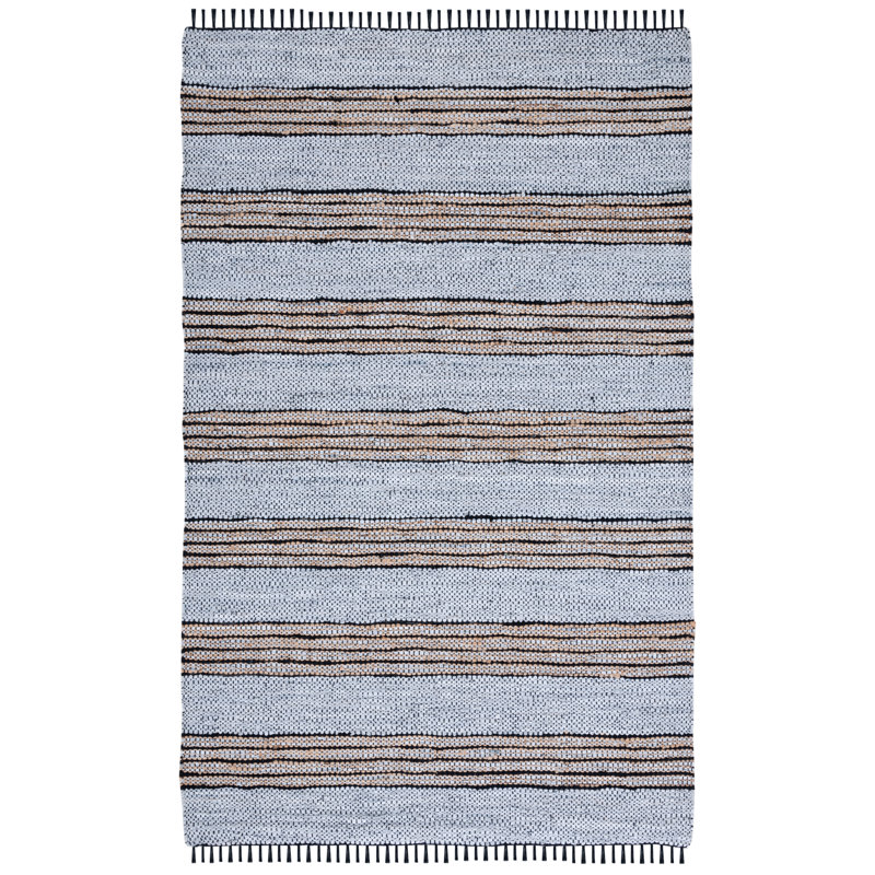 Vintage Leather Hand Woven Leather/Jute/Cotton Striped Rug in Brown/Blue, Rectangle 5' x 8'
