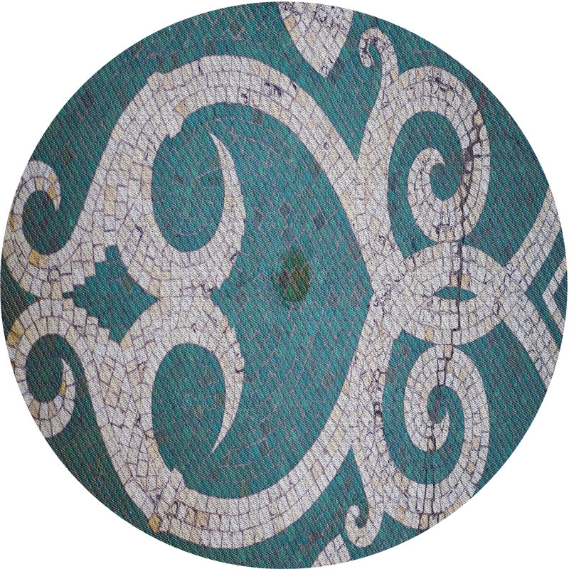 Tapis bleu aqua/blanc à motifs, Rond 5 pi