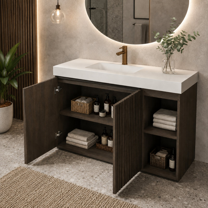 Meuble-lavabo autoportant cannelé en chêne fumé 48 po avec rangement, tablettes réglables et design moderne 48 po