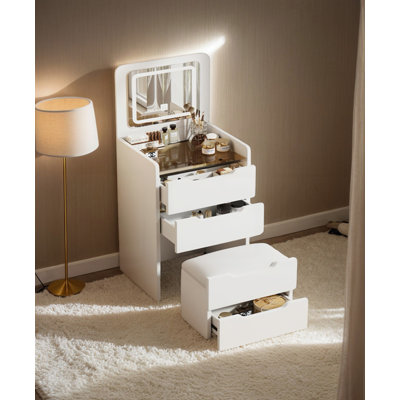 Bureau de coiffeuse 3 en 1 avec miroir rabattable, petit ensemble de coiffeuse avec bureau en verre visible et 3 tiroirs, tabouret rembourré, coiffeuse pour chambre à coucher