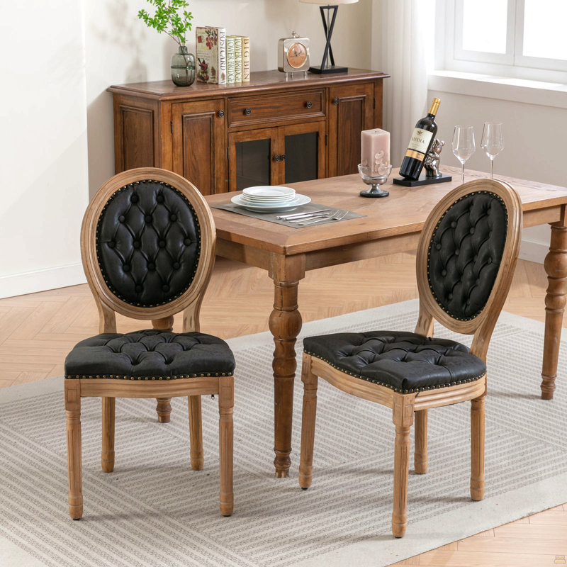 Chaise de salle à manger en bois massif, 2 pièces, cuir PU noir, rivets décoratifs, structure à rebond élevé, tractions faites à la main, 2 pièces élégantes françaises Sw1839bk, pieds artificiels, coussin, boucle tirée à la main,